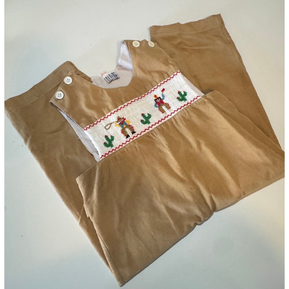 Vintage Girls Orient Express Smocked Brown Cowboy Themed One Piece Outfit Size 5